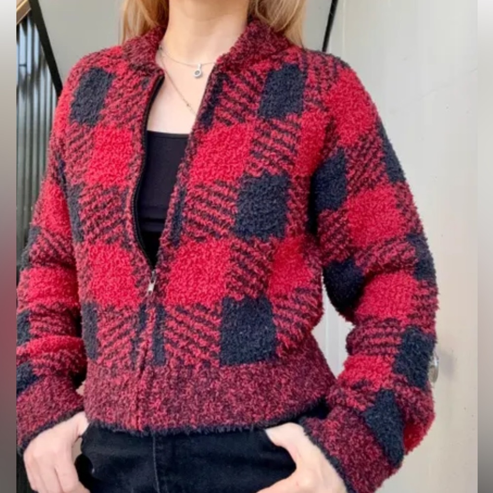 SKIMS Red and Black Plaid Teddy Jacket